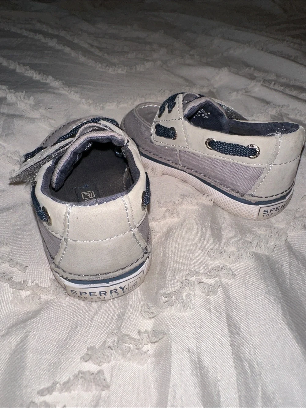 Sperry Kids Light Gray Canvas Boat Shoes with Navy Laces